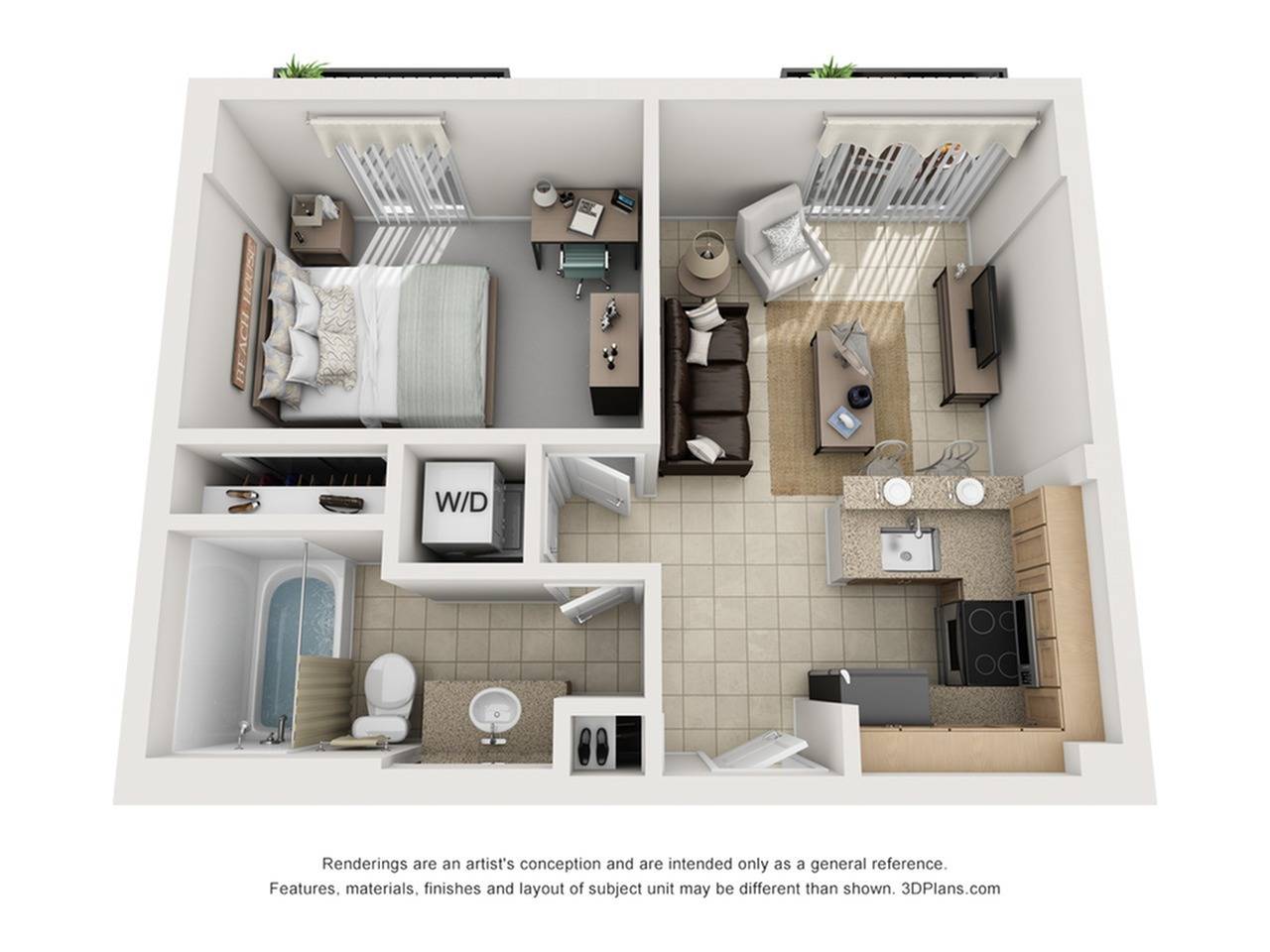 A 3D image of the 1BR/1BA – Canyon – S/C floorplan, a 507 squarefoot, 1 bed / 1 bath unit