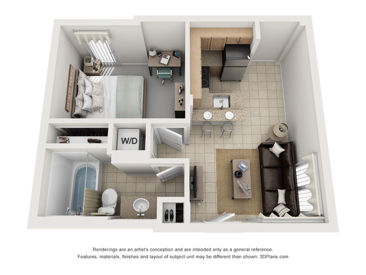 A 3D image of the 1BR/1BA – Caprock – S/C floorplan, a 508 squarefoot, 1 bed / 1 bath unit