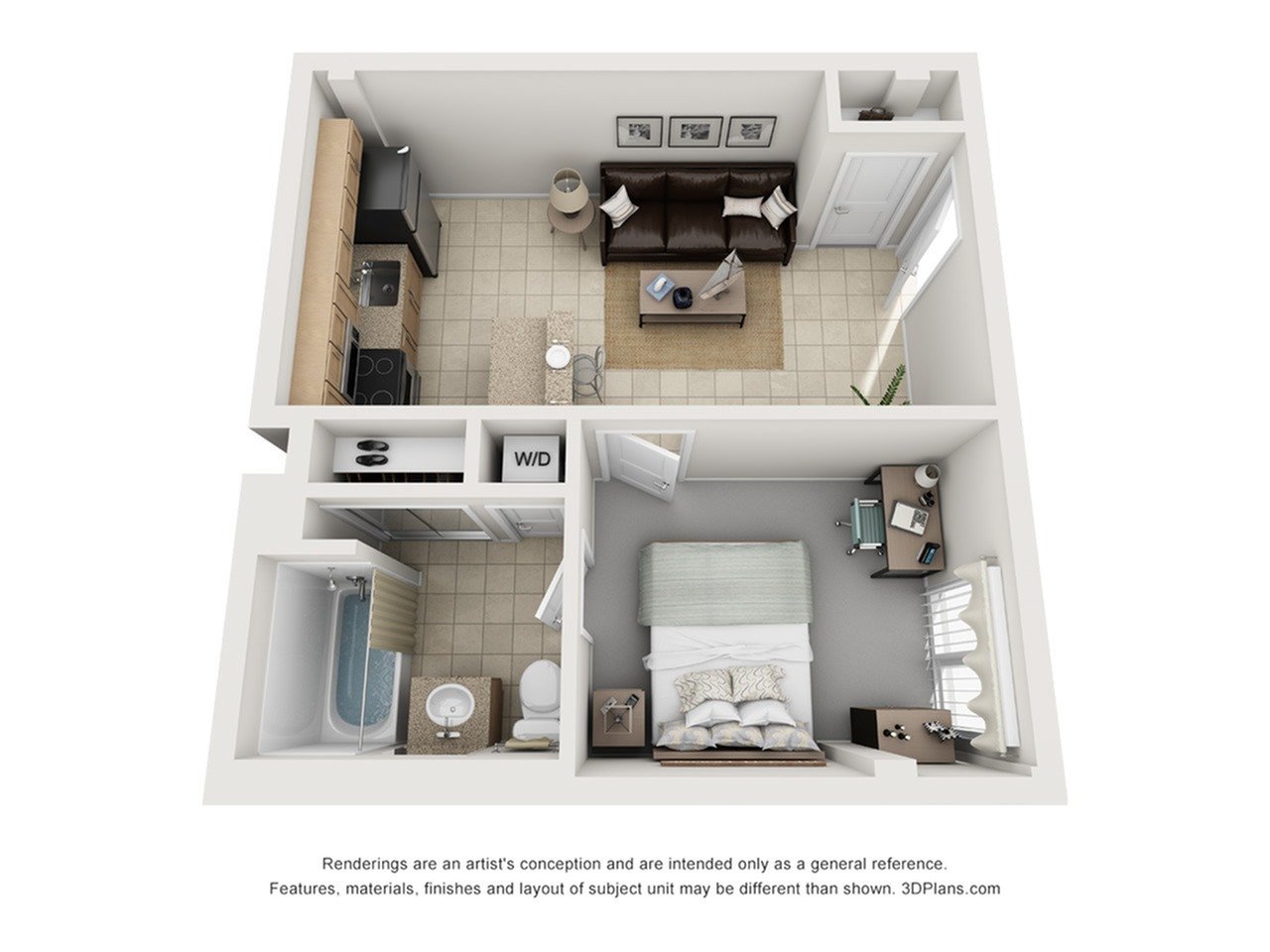 A 3D image of the 1BR/1BA – Sonora – S/C floorplan, a 614 squarefoot, 1 bed / 1 bath unit