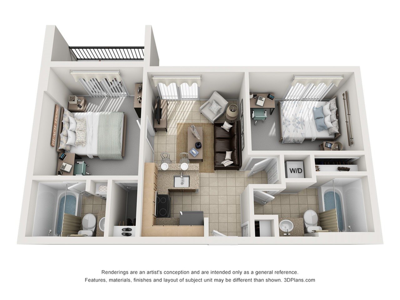 A 3D image of the 2BR/2BA – Austin – S/C floorplan, a 785 squarefoot, 2 bed / 2 bath unit