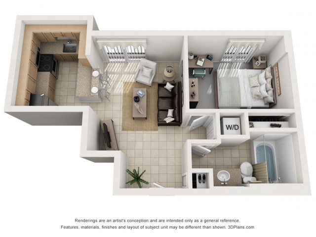 A 3D image of the 1BR/1BA – Llano – S/C floorplan, a 615 squarefoot, 1 bed / 1 bath unit