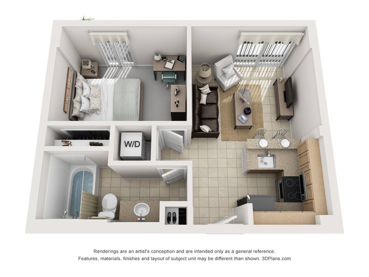 A 3D image of the 1BR/1BA – Del Rio – S/C floorplan, a 507 squarefoot, 1 bed / 1 bath unit