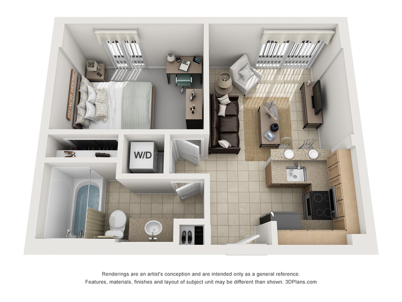 A 3D image of the 1BR/1BA – Alamo – S/C floorplan, a 507 squarefoot, 1 bed / 1 bath unit