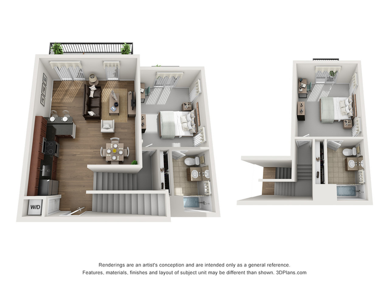 A 3D image of the 2BR/2BA – Dallas – N floorplan, a  squarefoot, 2 bed / 2 bath unit