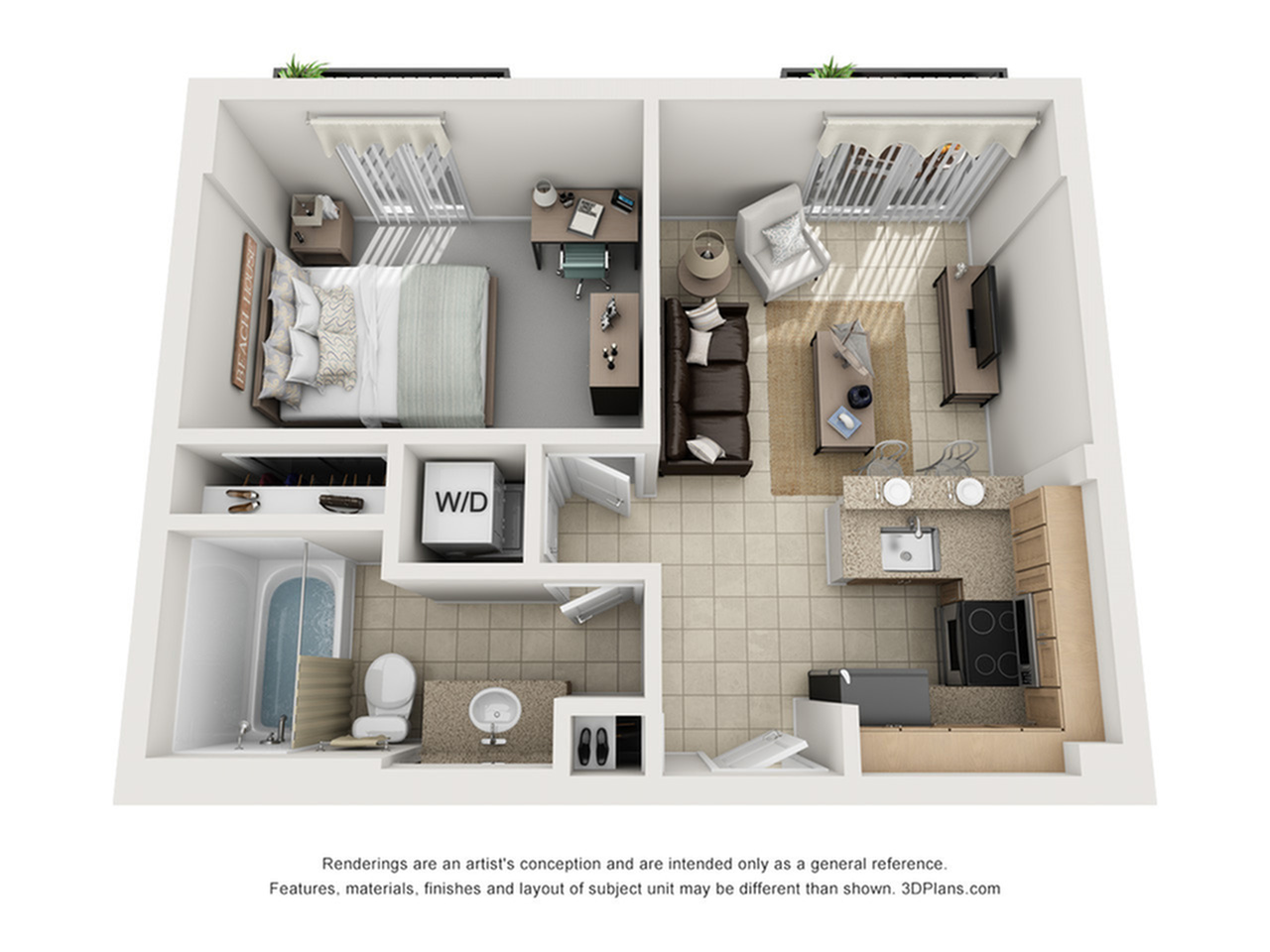 A 3D image of the 1BR/1BA – Canyon – N floorplan, a  squarefoot, 1 bed / 1 bath unit