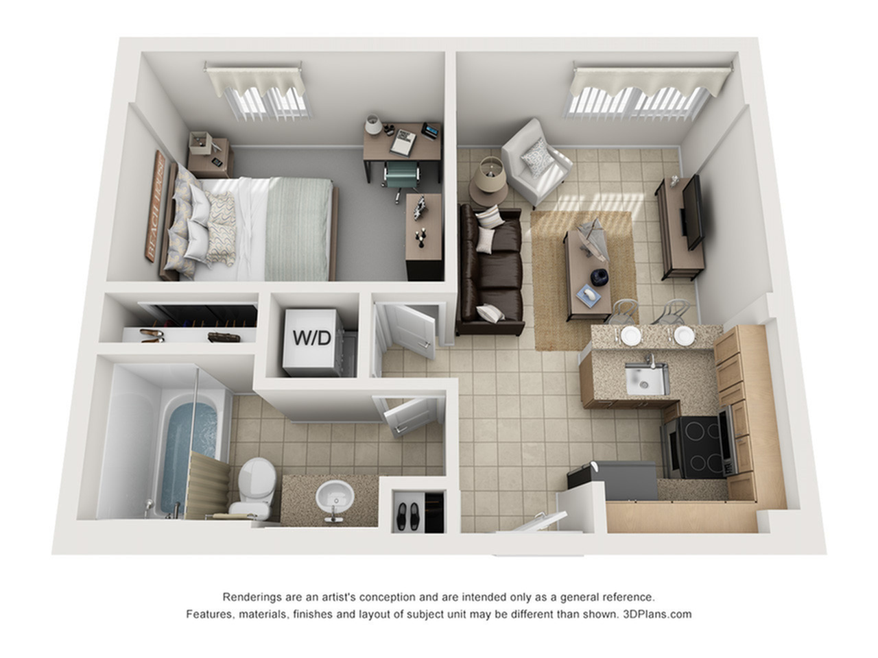A 3D image of the 1BR/1BA – Beaumont – N floorplan, a  squarefoot, 1 bed / 1 bath unit