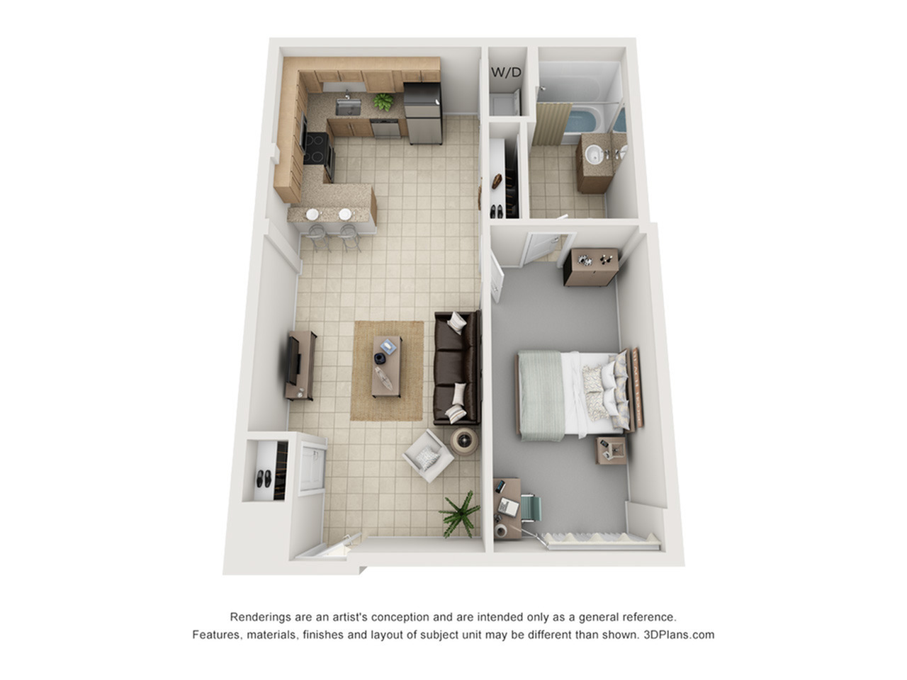 A 3D image of the 1BR/1BA – Odessa – N floorplan, a  squarefoot, 1 bed / 1 bath unit