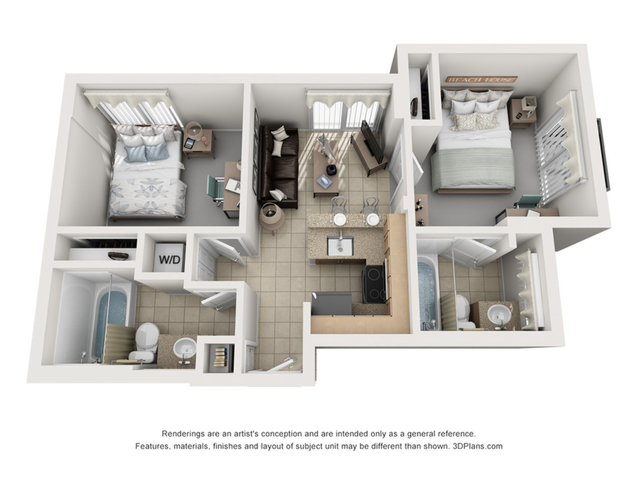 A 3D image of the 2BR/2BA – Sierra – N floorplan, a  squarefoot, 2 bed / 2 bath unit